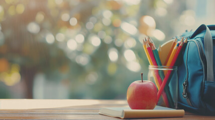 Red apple on closed book next to jar of colorful pencils and blue backpack on wooden table, with blurred outdoor background suggesting early morning or afternoon light