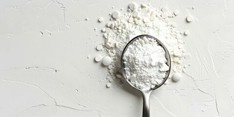 Isolated measuring spoon with arginine creatine on white background. Concept Isolated Objects, White Background, Measuring Spoon, Arginine Creatine