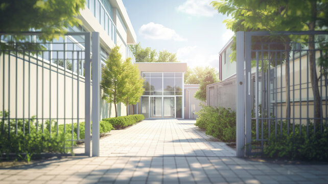 Modern school entrance with open gates, surrounded by greenery and trees, leading to glass doors under a bright sky, creating an inviting and welcoming atmosphere