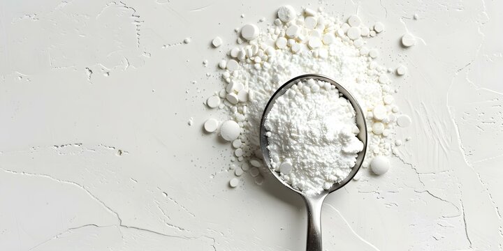 Isolated measuring spoon with arginine creatine on white background. Concept Isolated Objects, White Background, Measuring Spoon, Arginine Creatine