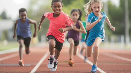 Children running on track with determined expressions, leading race in brightly colored sportswear. Green trees and blurred background enhance energetic and competitive atmosphere