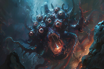 A high-resolution illustration of a fearsome beholder floating menacingly in a dark cavern, with multiple eyes glaring and magical energy emanating from its central eye