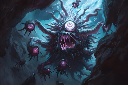 A high-resolution illustration of a fearsome beholder floating menacingly in a dark cavern, with multiple eyes glaring and magical energy emanating from its central eye