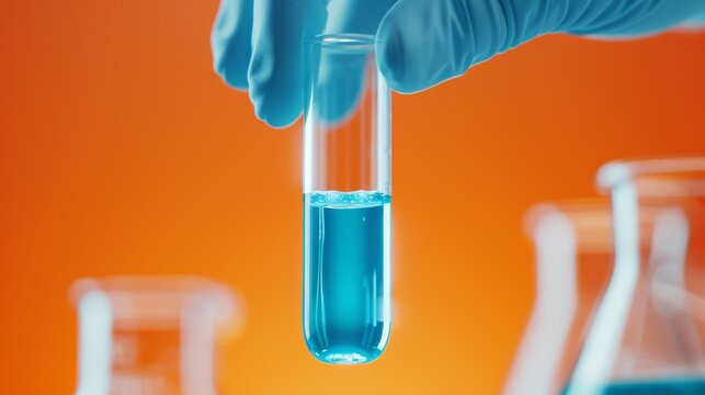 Hand delicately grasping a test tube filled with vivid blue liquid, set against a laboratory scene illuminated by intense orange light, emphasizing cutting-edge science