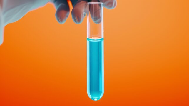 Hand delicately grasping a test tube filled with vivid blue liquid, set against a laboratory scene illuminated by intense orange light, emphasizing cutting-edge science