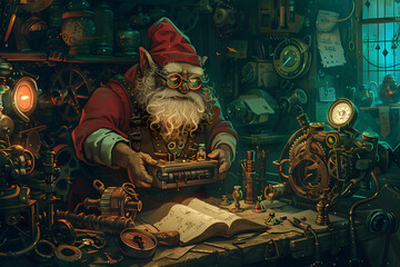A high-resolution illustration of a gnome artificer tinkering with a mechanical contraption, surrounded by various gears, tools, and blueprints in a cluttered workshop
