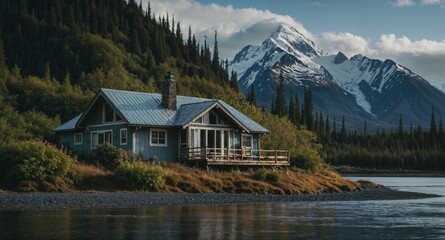 Fototapeta premium Dreay Wooden House in Alaska with Magical Landscape