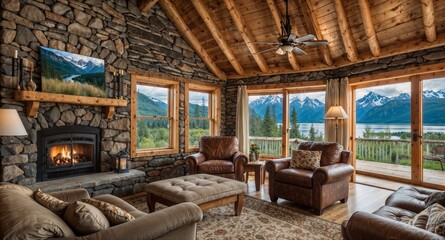 Interior view of a luxury log home in Alaska with a stunning view

