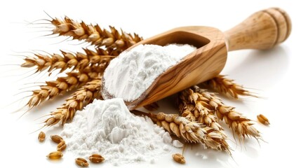 Wooden scoop with flour and wheat ears. Perfect for baking, bread-making, and culinary themes. Isolated on white background.