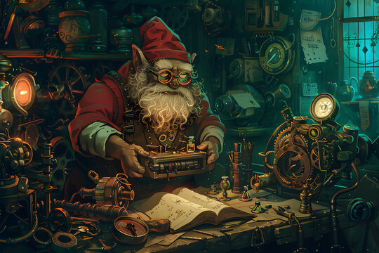 A high-resolution illustration of a gnome artificer tinkering with a mechanical contraption, surrounded by various gears, tools, and blueprints in a cluttered workshop