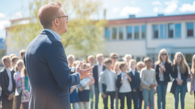 Head teacher and principal speaking to group of students outside school building on sunny day creating an engaging and interactive atmosphere