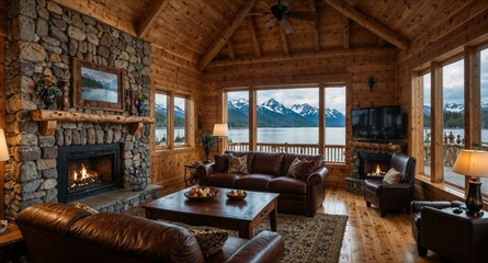Interior view of a luxury log home in Alaska with a stunning view
