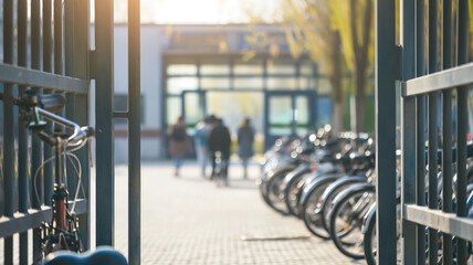 Bicycles parked near open school gate with students walking towards building in background. Scene creates welcoming and energetic atmosphere emphasizing active lifestyle and school community
