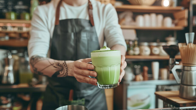 Close-up image of a glass of iced matcha green tea. Barista Presenting Freshly Made Artistic Green Matcha at the coffee shop