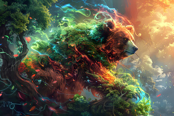 A vibrant illustration of a druid transforming into a powerful bear, with natural energy swirling and the forest coming alive around them