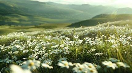 Obraz premium Rolling hills blanketed with white daisies, creating a picturesque and serene nature scene.