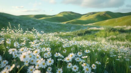 Fototapeta premium Rolling hills blanketed with white daisies, creating a picturesque and serene nature scene.