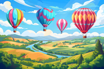 Obraz premium A vibrant illustration of a hot air balloon festival with colorful balloons floating in the sky, set against a scenic landscape of rolling hills and rivers