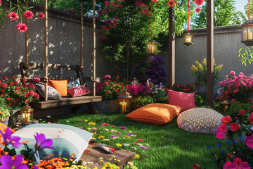 A vibrant backyard with a colorful flower garden, a wooden swing, and a cozy seating area with bright cushions and lanterns.
