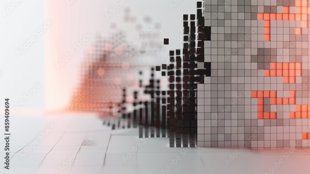 Poster abstract 3d rendering artwork of black and white geometric cube on a grid. digital artwork of 3d cub