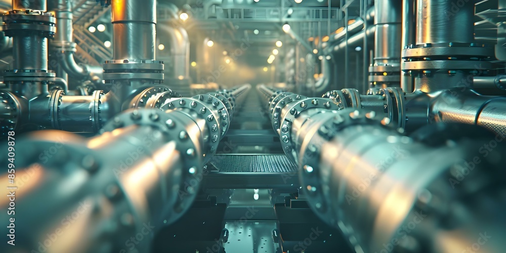 Poster 3d rendering of pipelines in an lng facility for visualization purposes. concept pipelines, 3d rende
