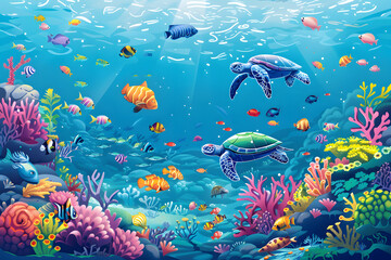 A vibrant illustration of an underwater coral reef teeming with colorful fish, sea turtles, and other marine life, set against a background of sparkling blue water