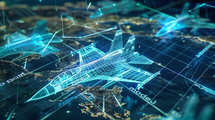 Digital Model of Fighter Jet Over World Map