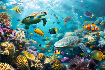 Fototapeta premium A vibrant illustration of an underwater coral reef teeming with colorful fish, sea turtles, and other marine life, set against a background of sparkling blue water