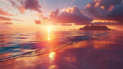 Obraz premium Scenic sunset over ocean shore with mountain sun reflecting in water and sand on beach sunny sky background