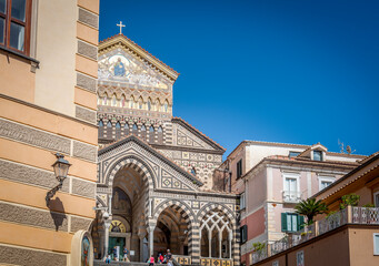 Famous Amalfi cathedral under a blue sky