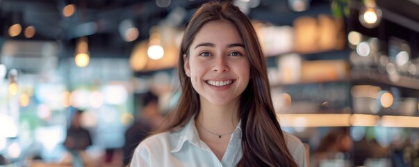 Smiling saleswoman portrait in a shop, shopping concept banner. Generative AI.