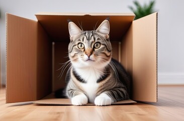 Adult cute cat sitting on the floor in a box, looking at camera