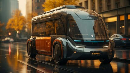 Obraz premium Futuristic electric autonomous delivery vehicle moves along a city street, bathed in the soft glow of morning sunlight
