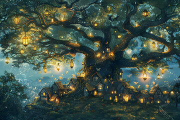 A detailed illustration of a fairy village nestled in the branches of a giant tree, with tiny houses, lanterns, and fairies flying around, creating a magical scene 