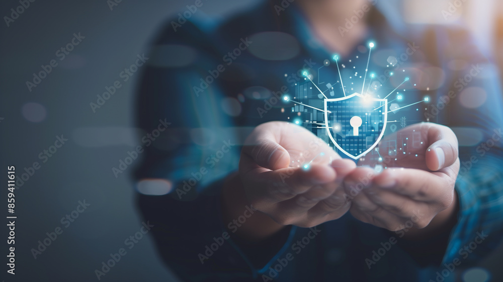 Poster a person holds a digital security shield with a lock, representing the concept of digital security a