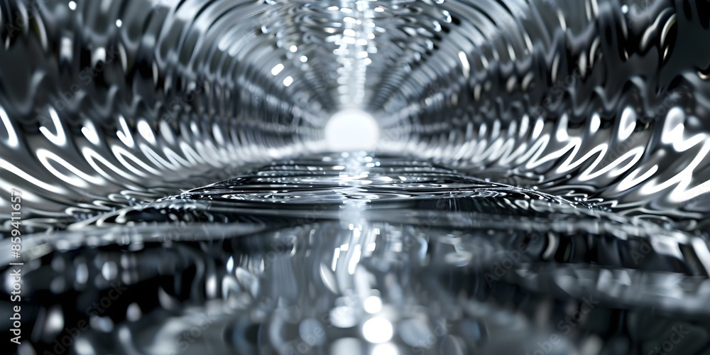 Poster sculpture made of mirrors and reflective materials distorting light in dark spaces. concept art inst