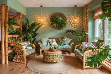 An eco-friendly living room with sustainable furniture, natural materials, and green plants throughout.