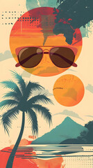 Abstract tropical illustration with palm tree, sun, mountains, and sunglasses reflecting a retro summer vibe.