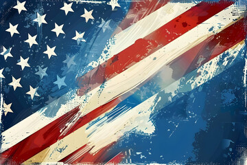 Artistic representation of the American flag with abstract brushstrokes, blending red, white, and blue colors in a vintage style.