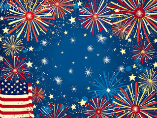 Bright and colorful fireworks display with stars and an American flag on a blue background, perfect for celebrating Independence Day.