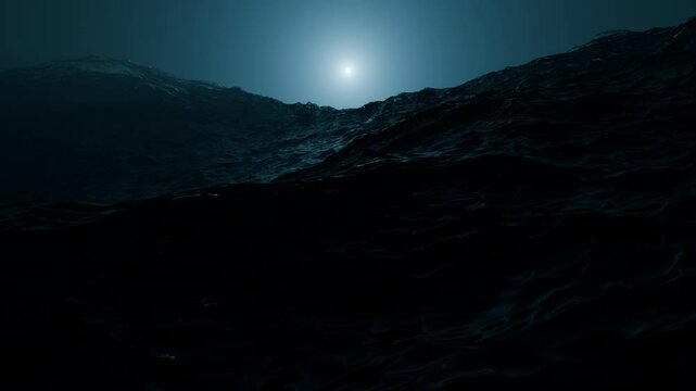 ocean waves on a full moon evening. 3d animation of an ocean at night. wavey ocean on a full moon evening. seascape at night. rough ocean at night