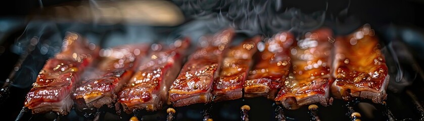 Delicious grilled ribs with barbecue sauce sizzling on the grill, close-up view showing smoky, flavorful meat perfect for a summer cookout.