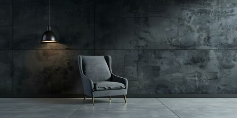 Highresolution image of modern loft interior with gray armchair and dark walls. Concept Sure! Would you like any specific details or elements included in the image?