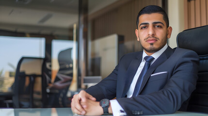 Fototapeta premium Portrait of Handsome Arab business man wearing Suit sitting in hair