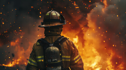 Back view of the brave firefighter standing in front of the fire flames. Firefighter in action.