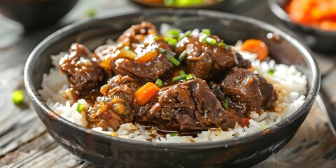 Caribbean oxtail stew slowcooked in savory sauce served over buttered rice. Concept Caribbean Cuisine, Slow Cooking, Savory Stew, Rice Dishes, Oxtail Recipes