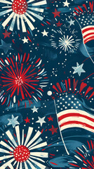 Festive patriotic background with fireworks and stars, ideal for Independence Day, Fourth of July celebrations, and American-themed events.