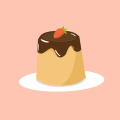 piece of Caramel puddings on plate with strawberry on the top 