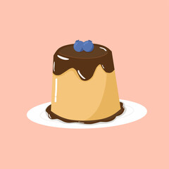 Caramel puddings on plate with blueberry on the top