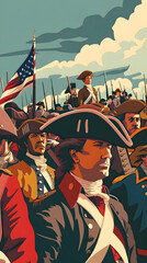 Illustration of historical soldiers in traditional uniforms with American flag, evoking revolutionary war and patriotic themes.